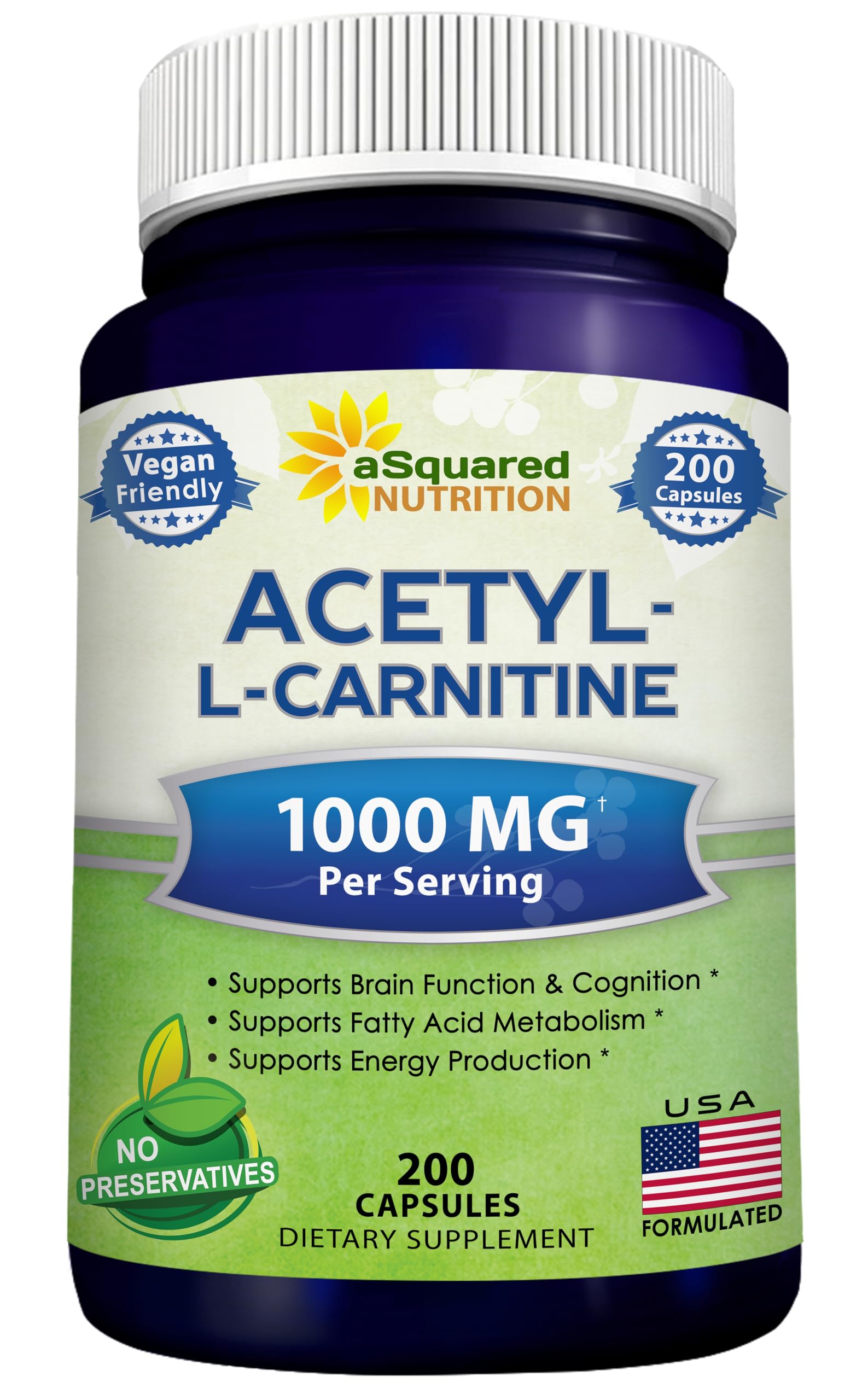 aSquared Nutrition Acetyl L-Carnitine bottle emphasizing energy support for daily routines