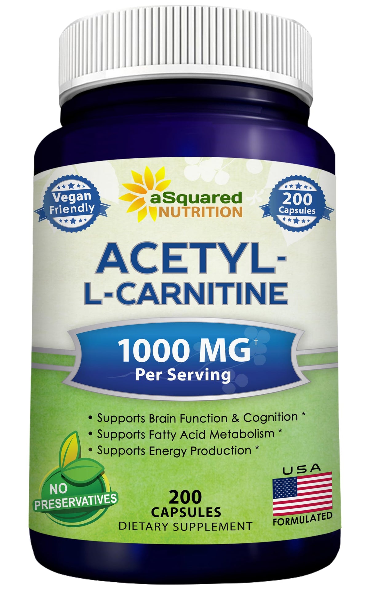 aSquared Nutrition Acetyl L-Carnitine bottle emphasizing energy support for daily routines