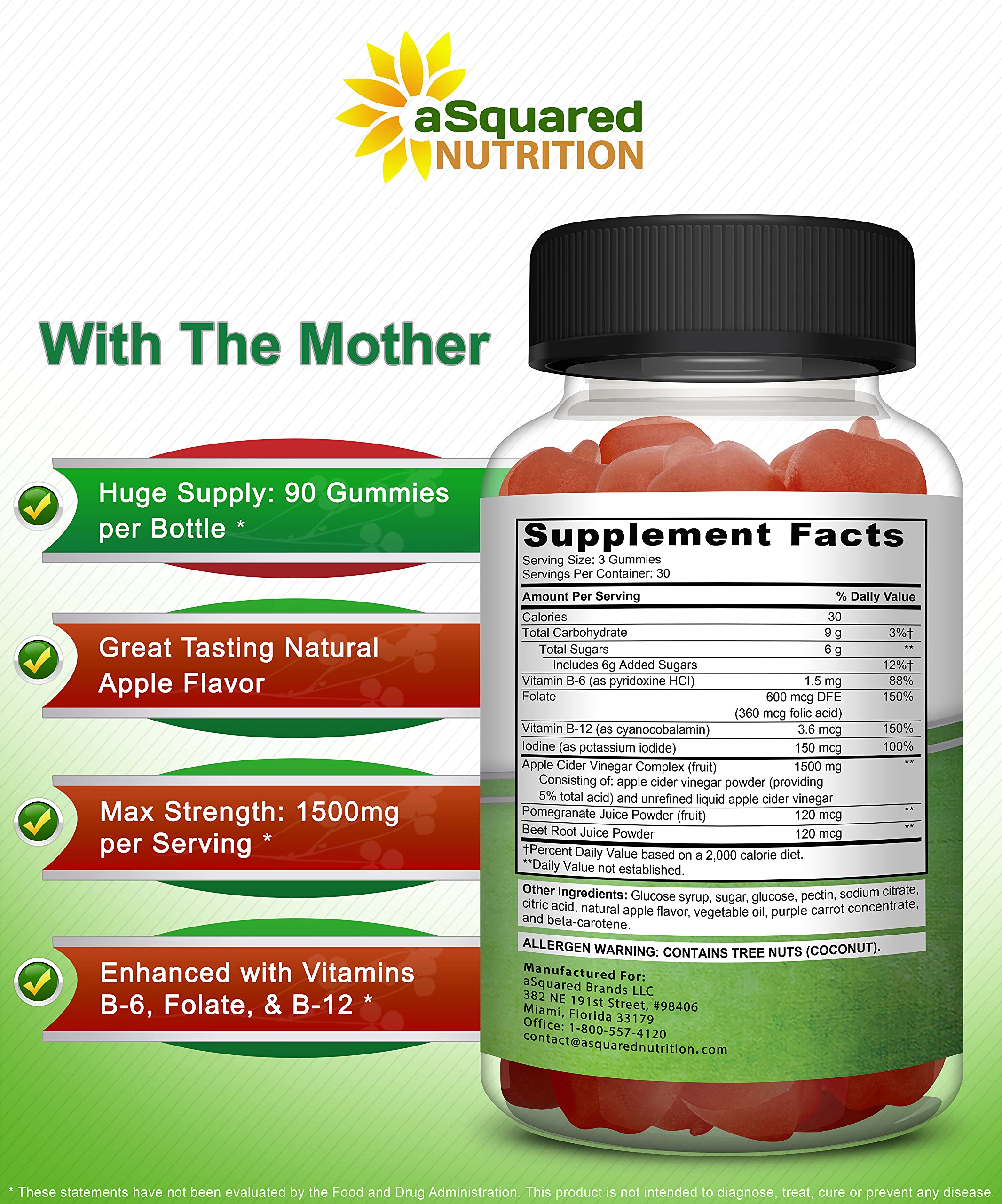 aSquared Nutrition ACV gummies with B6 and B12 for daily energy support.