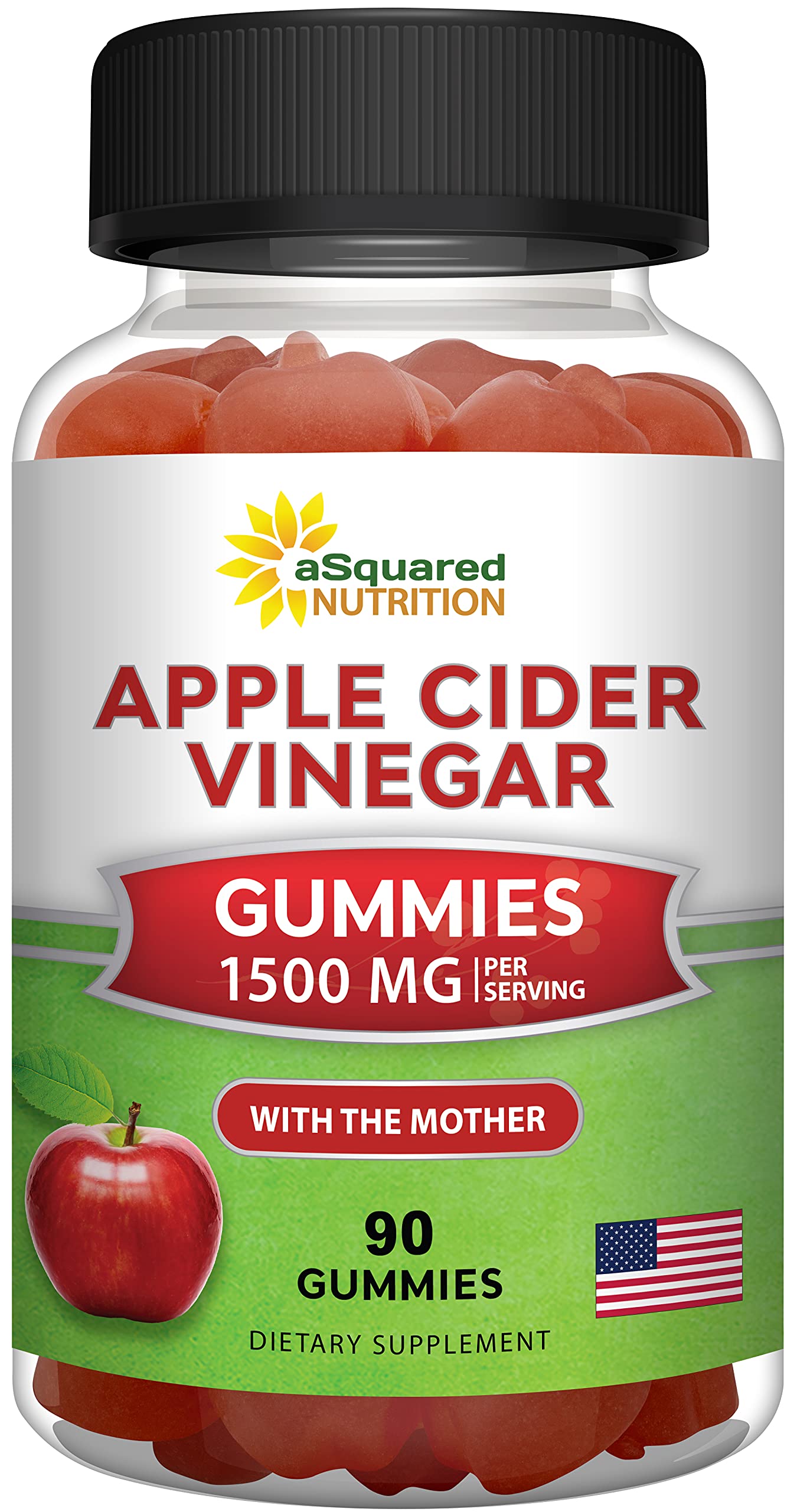 aSquared Nutrition ACV gummies bottle showcasing 1500mg per serving for everyday wellness.