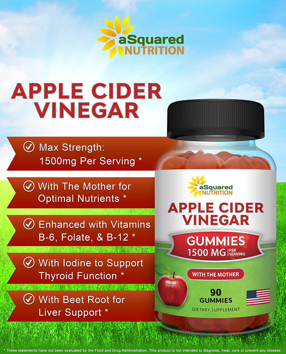 aSquared Nutrition ACV gummies with The Mother featuring acetic acid and natural nutrients.