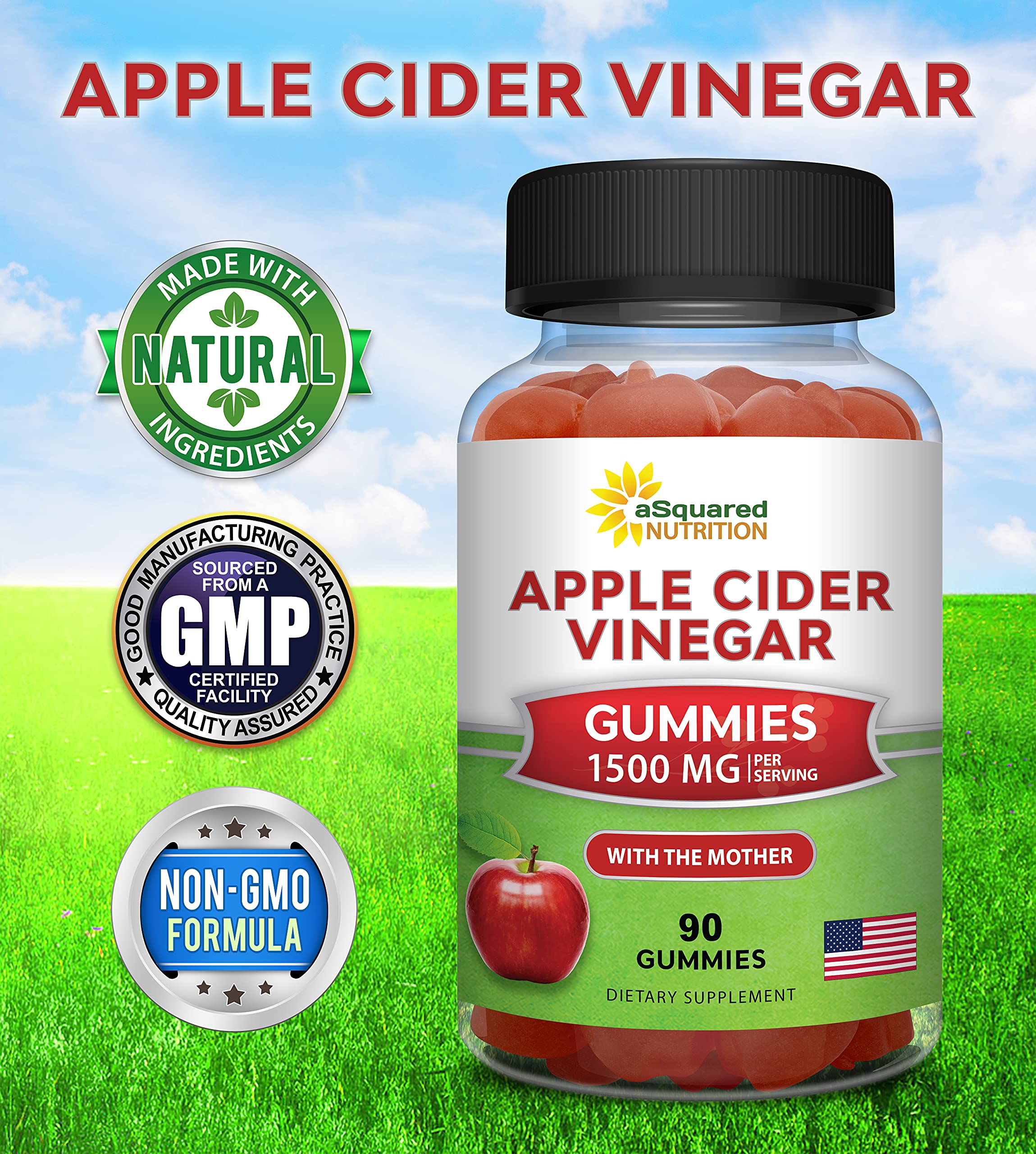 aSquared Nutrition ACV gummies packaging highlighting vegan formula and 90-count bottle.
