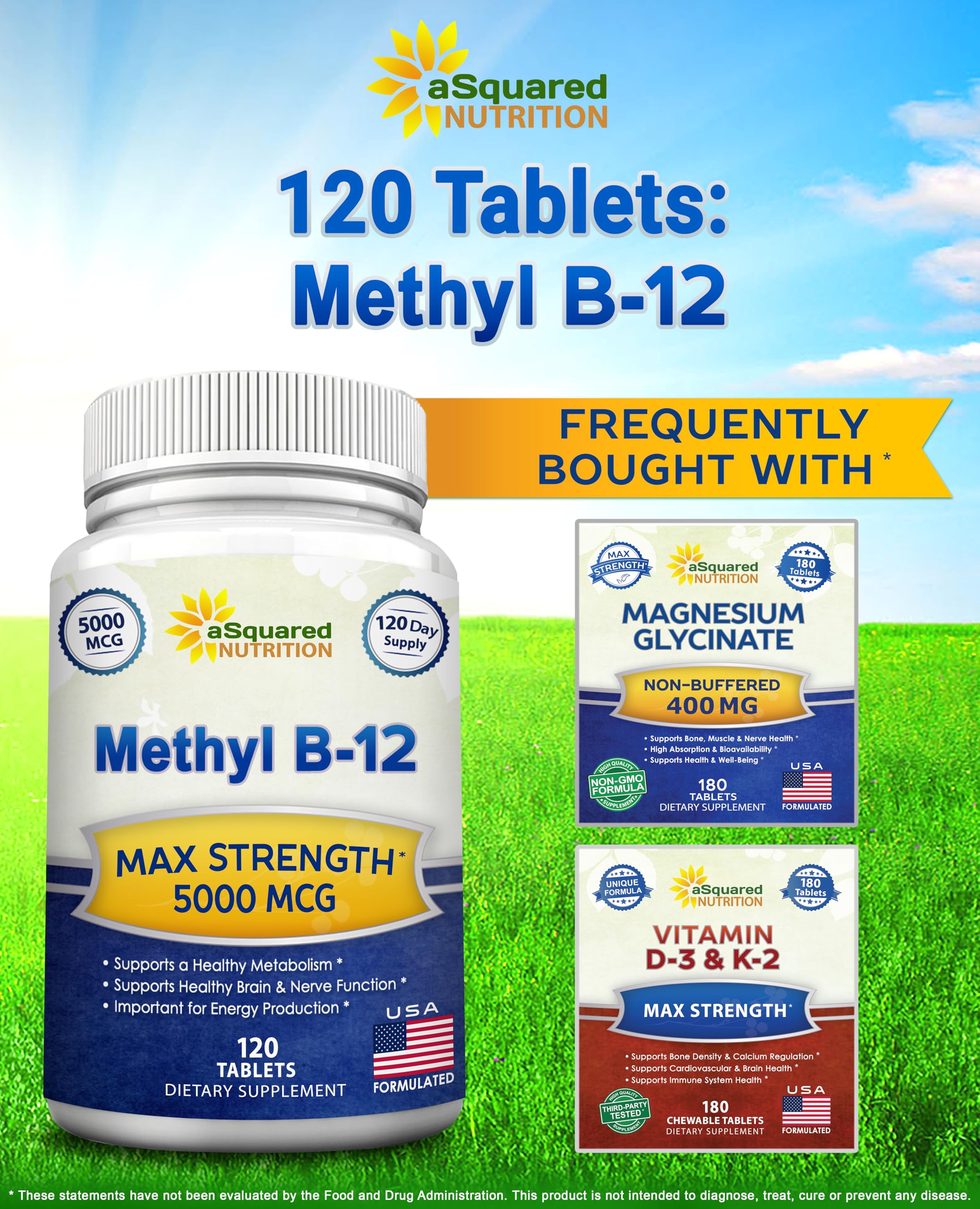 asquared nutrition b12 5000mcg bottle on shelf with clear label