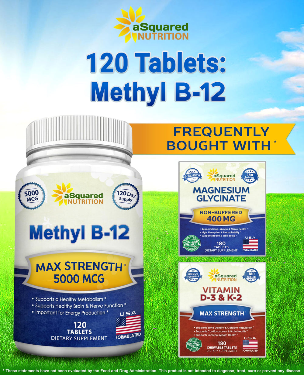asquared nutrition b12 5000mcg bottle on shelf with clear label