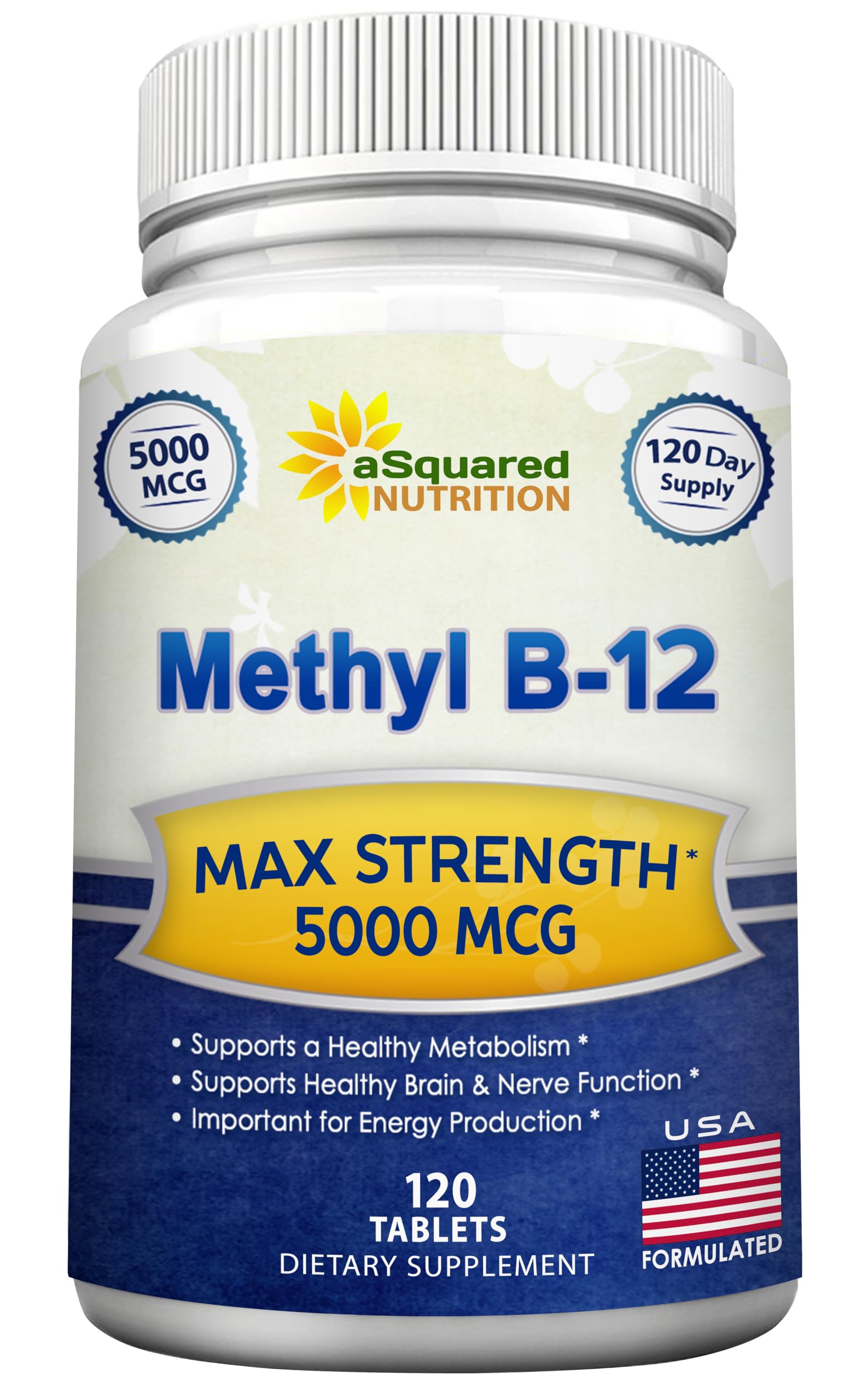 asquared nutrition b12 5000mcg tablet front view highlighting energy support