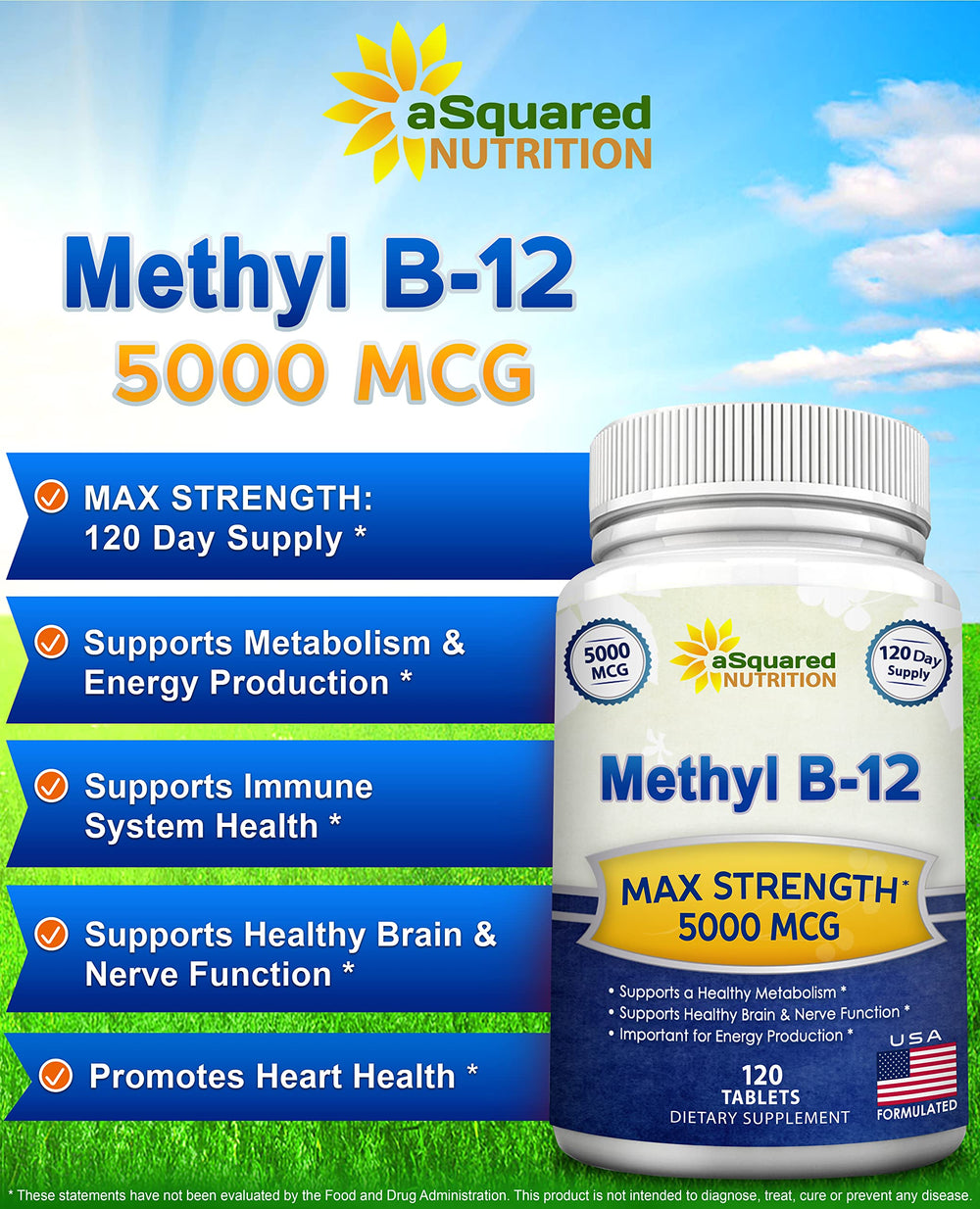 asquared nutrition b12 5000mcg tablet side view shows compact daily dose