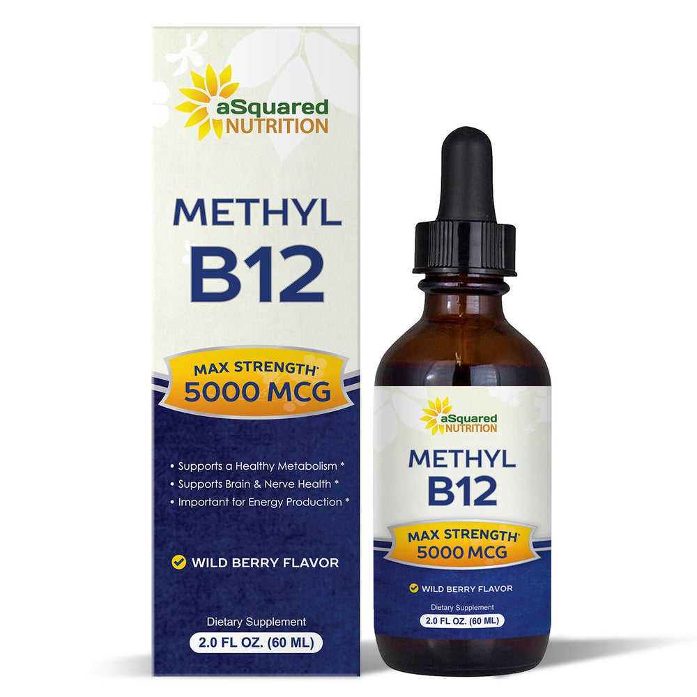 Asquared Nutrition B12 drops bottle closeup showing potent 5000 mcg formula for quick uptake