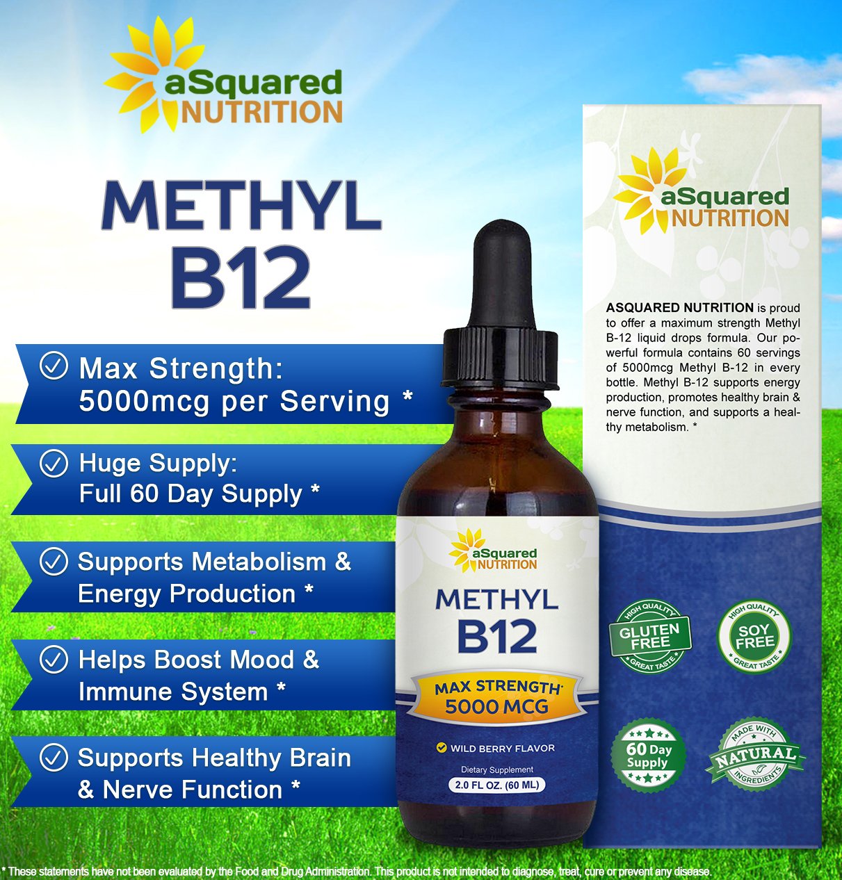 Asquared Nutrition B12 drops dropper dispensing for easy sublingual use
