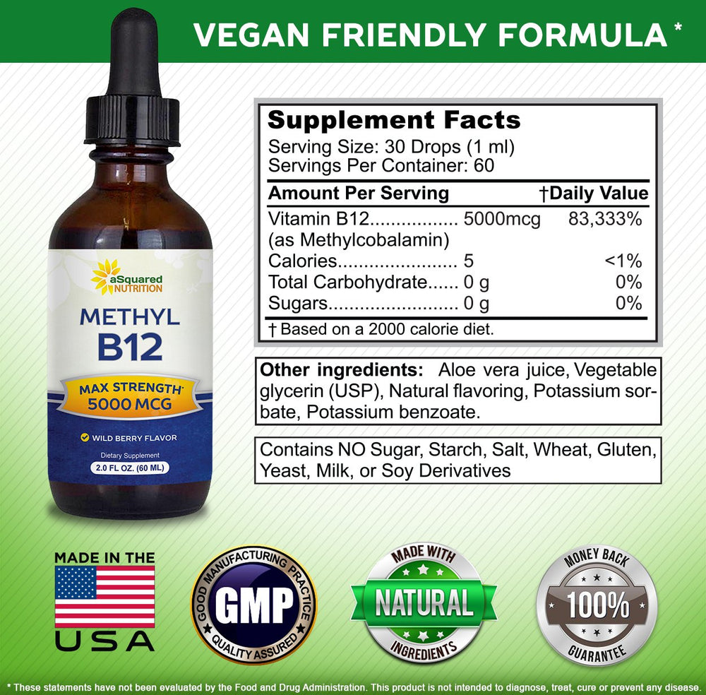 Asquared Nutrition B12 drops serving label shows 5000 mcg per serving