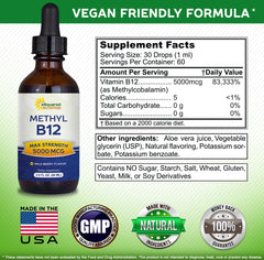 Asquared Nutrition B12 drops serving label shows 5000 mcg per serving