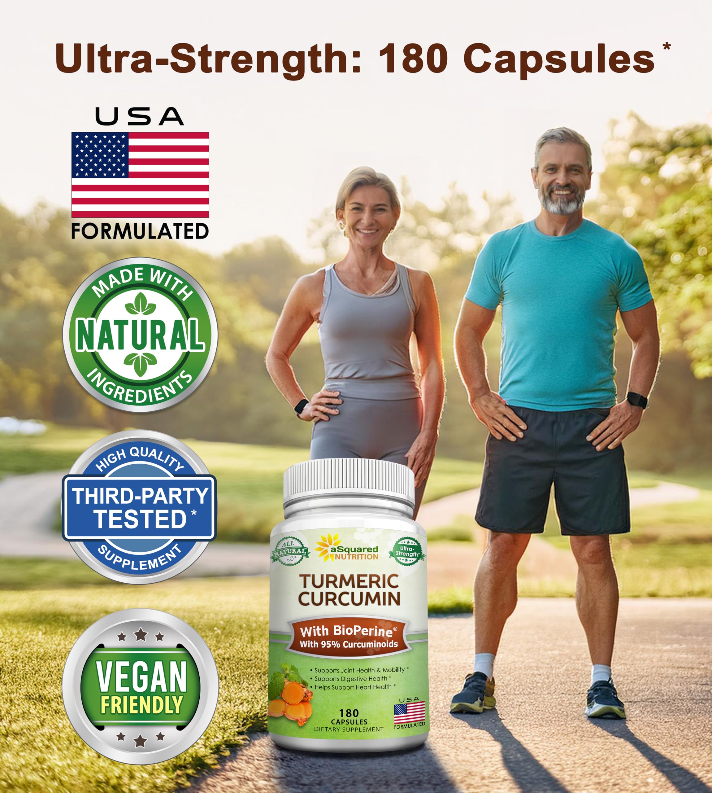 aSquared Nutrition turmeric capsules pour highlights enhanced absorption with BioPerine