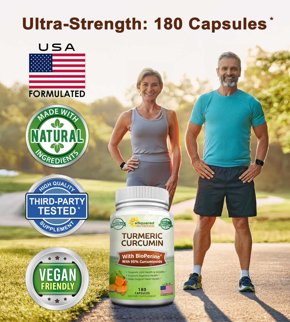 aSquared Nutrition turmeric capsules pour highlights enhanced absorption with BioPerine