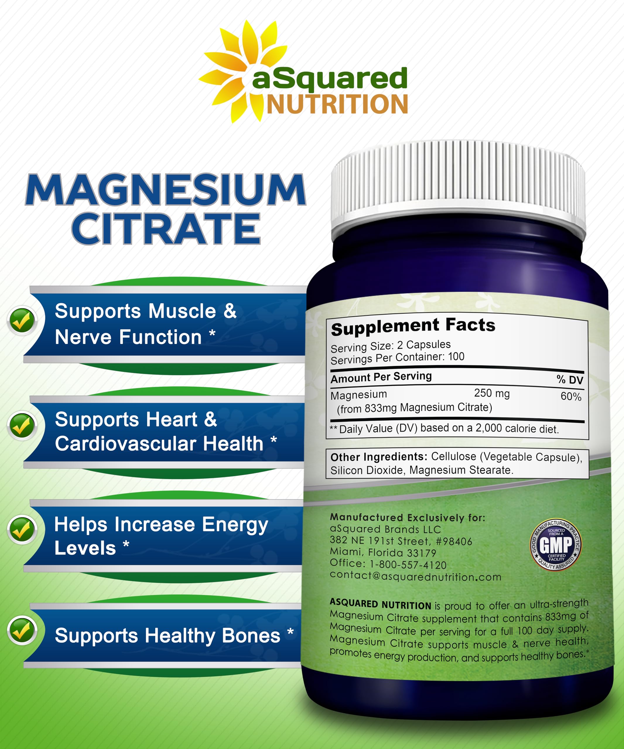 asquared nutrition bone and heart health support implied by magnesium citrate in capsules