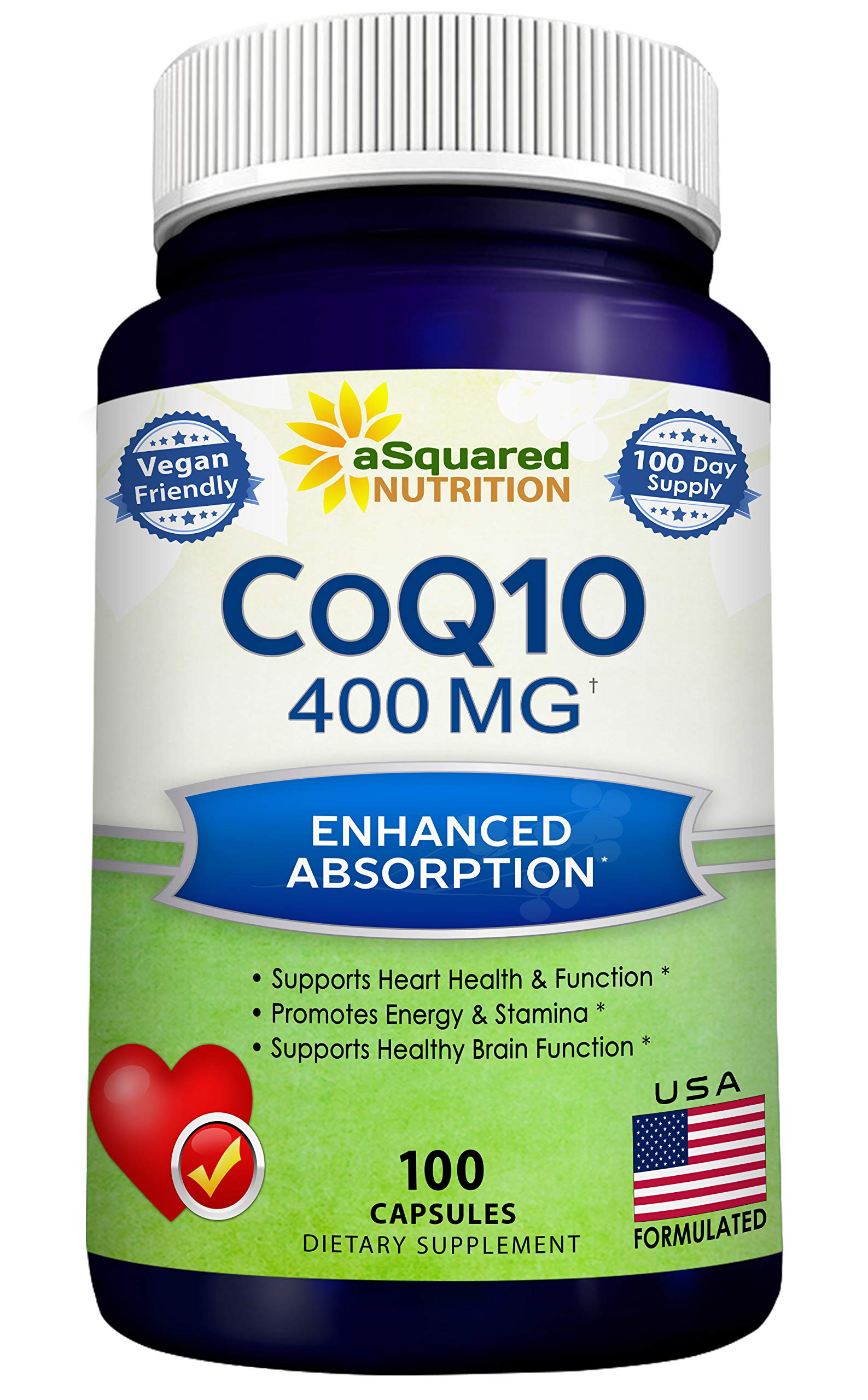 aSquared Nutrition CoQ10 bottle and capsules for daily energy support.