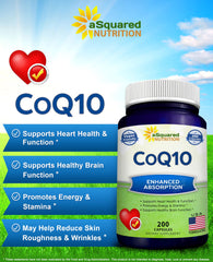 aSquared Nutrition CoQ10 capsules close-up highlights 200-count supply for long-term daily use