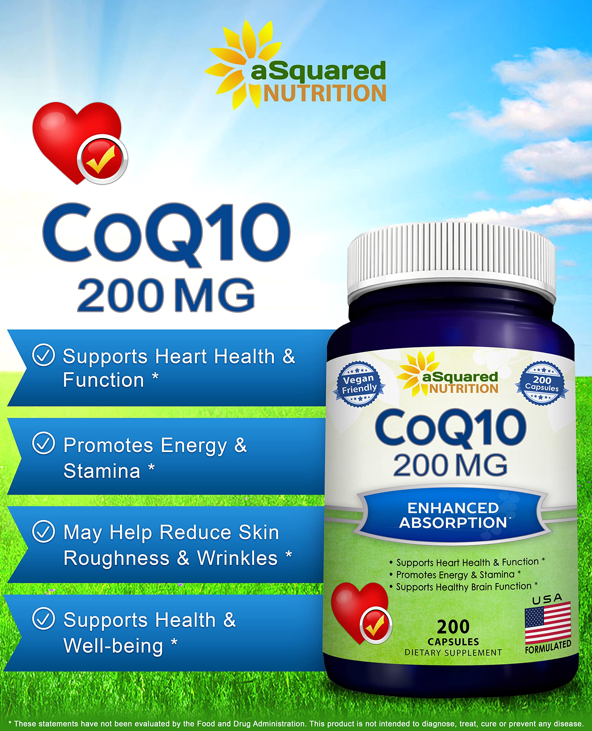 aSquared Nutrition CoQ10 capsules neatly arranged for vegan supplement routine