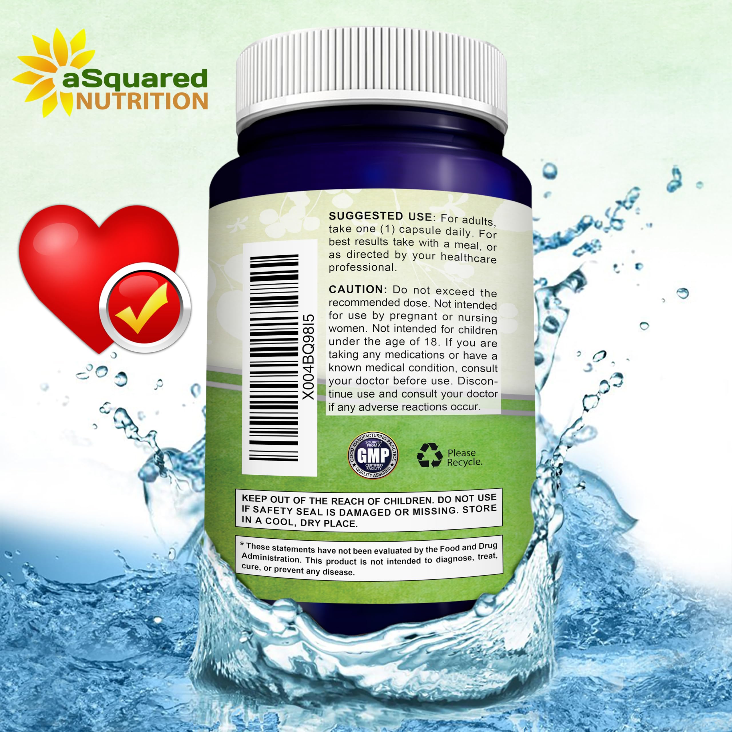 aSquared Nutrition CoQ10 daily-use setup showing bottle with glass of water