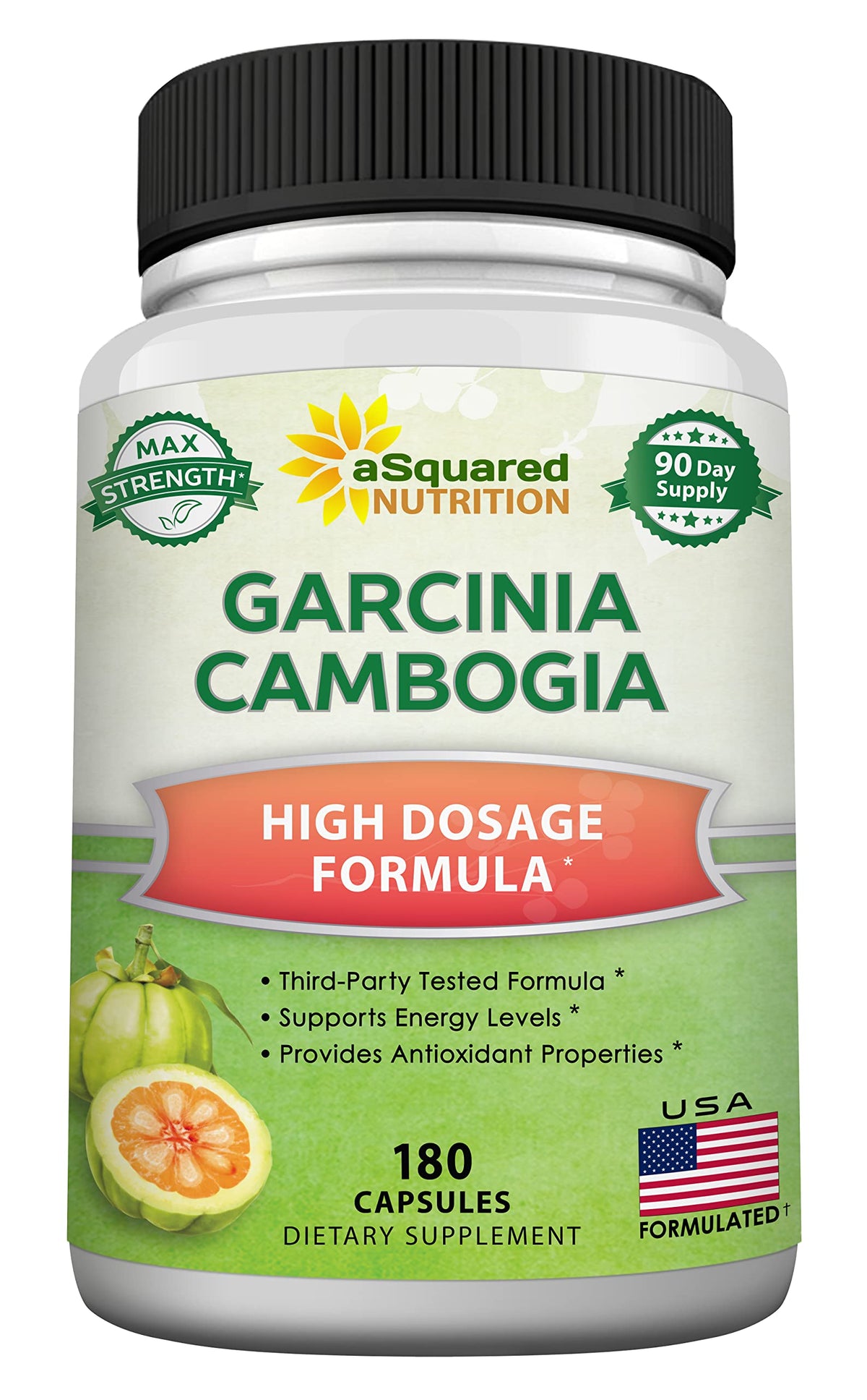 aSquared Nutrition Garcinia Cambogia bottle showing a 90-day supply for daily use.
