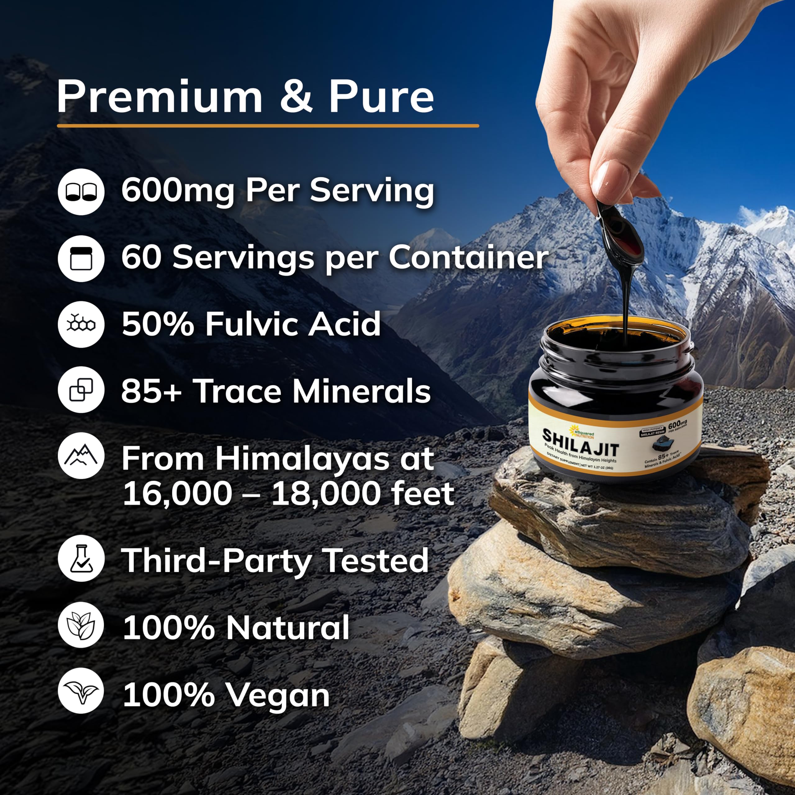aSquared Nutrition Shilajit Resin from Himalayas at 16,000-18,000 feet.
