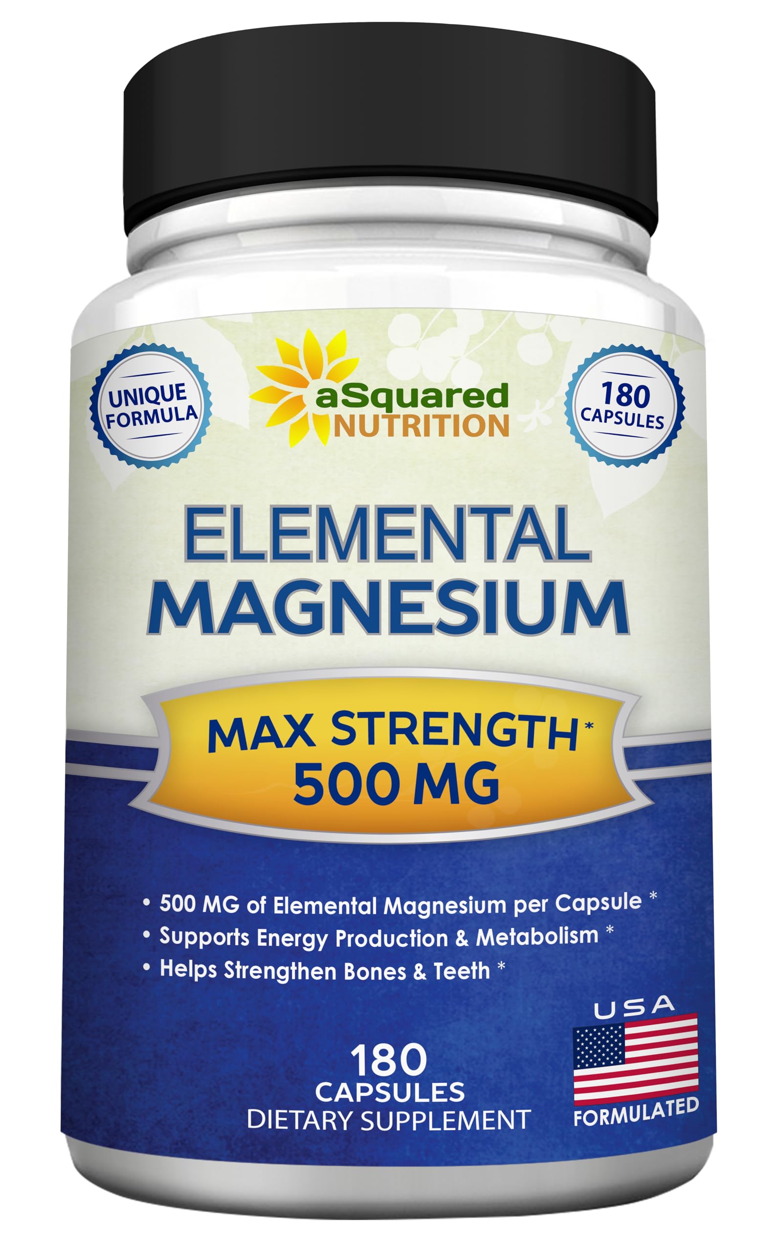 aSquared Nutrition magnesium 500mg bottle, clear label, for daily wellness support.