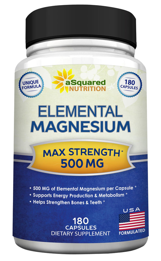 aSquared Nutrition magnesium 500mg bottle, clear label, for daily wellness support.