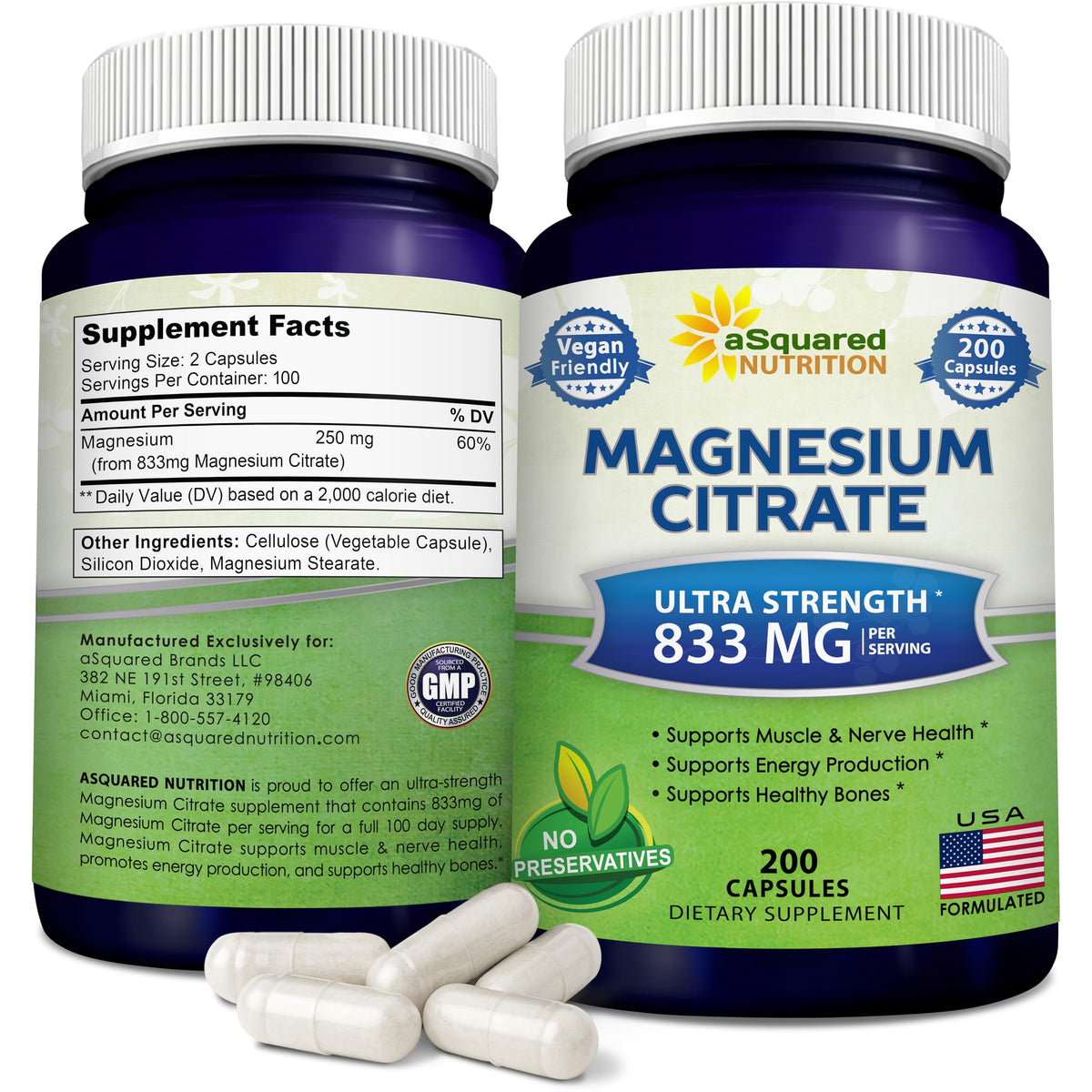 asquared nutrition magnesium citrate 833mg bottle showing high-dosage formulation for energy support