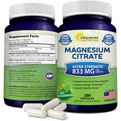 asquared nutrition magnesium citrate 833mg bottle showing high-dosage formulation for energy support