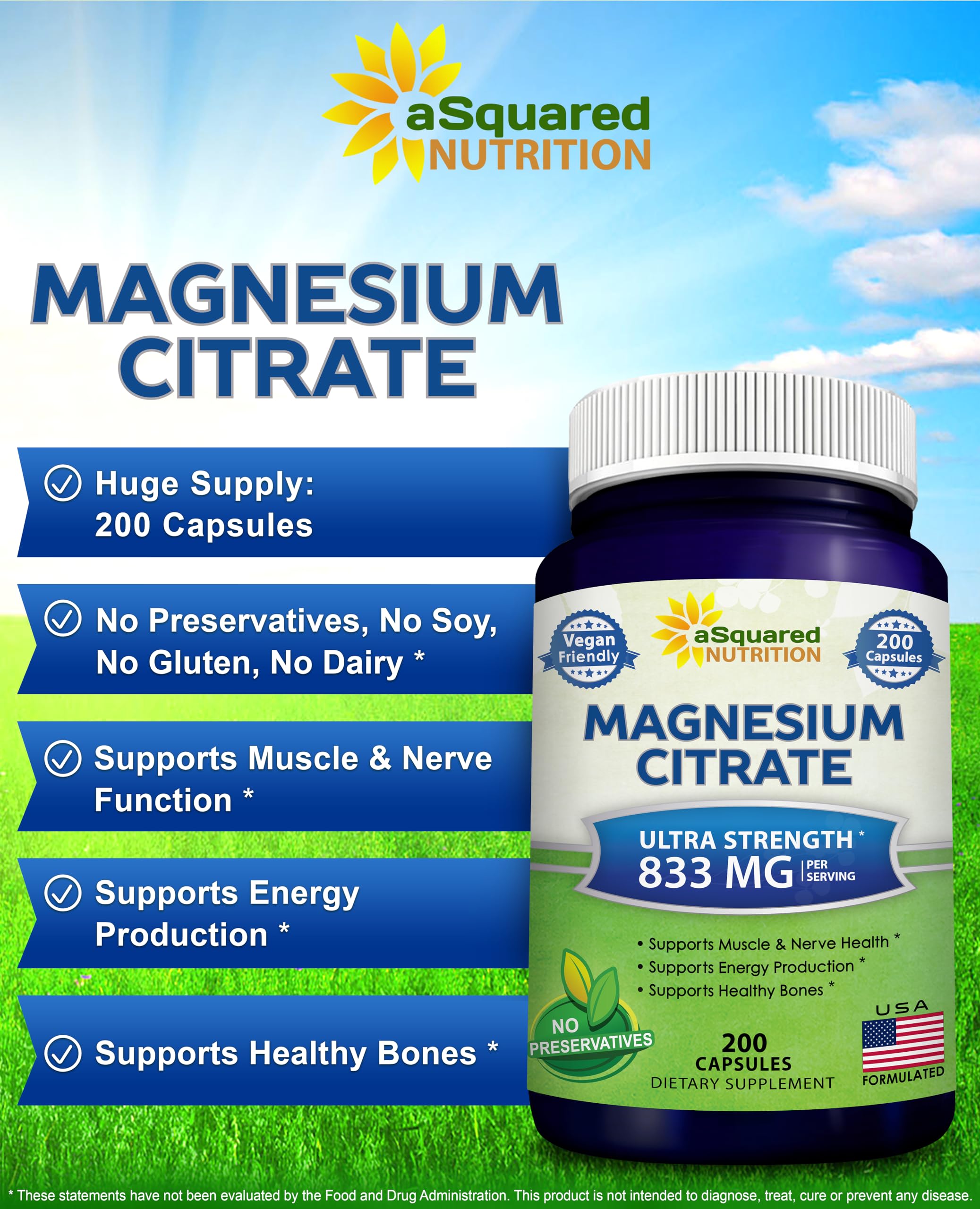 asquared nutrition magnesium citrate bottle label emphasizes GMP-quality production and full bottle value