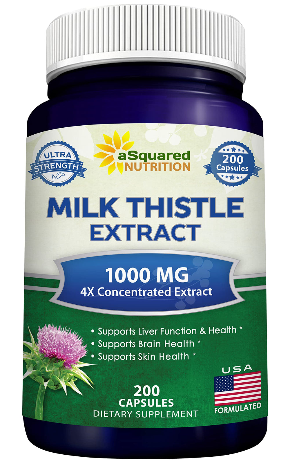 asquared Nutrition milk thistle bottle shows 1000mg for daily liver support.