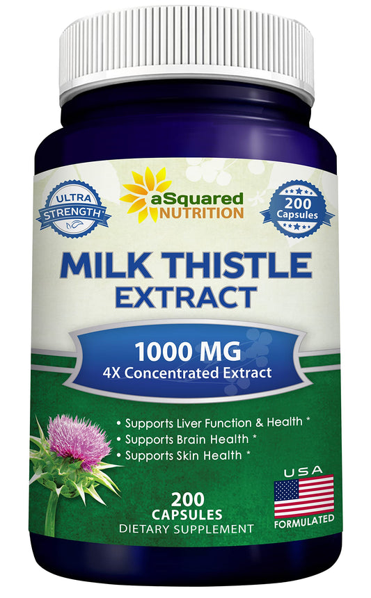 asquared Nutrition milk thistle bottle shows 1000mg for daily liver support.