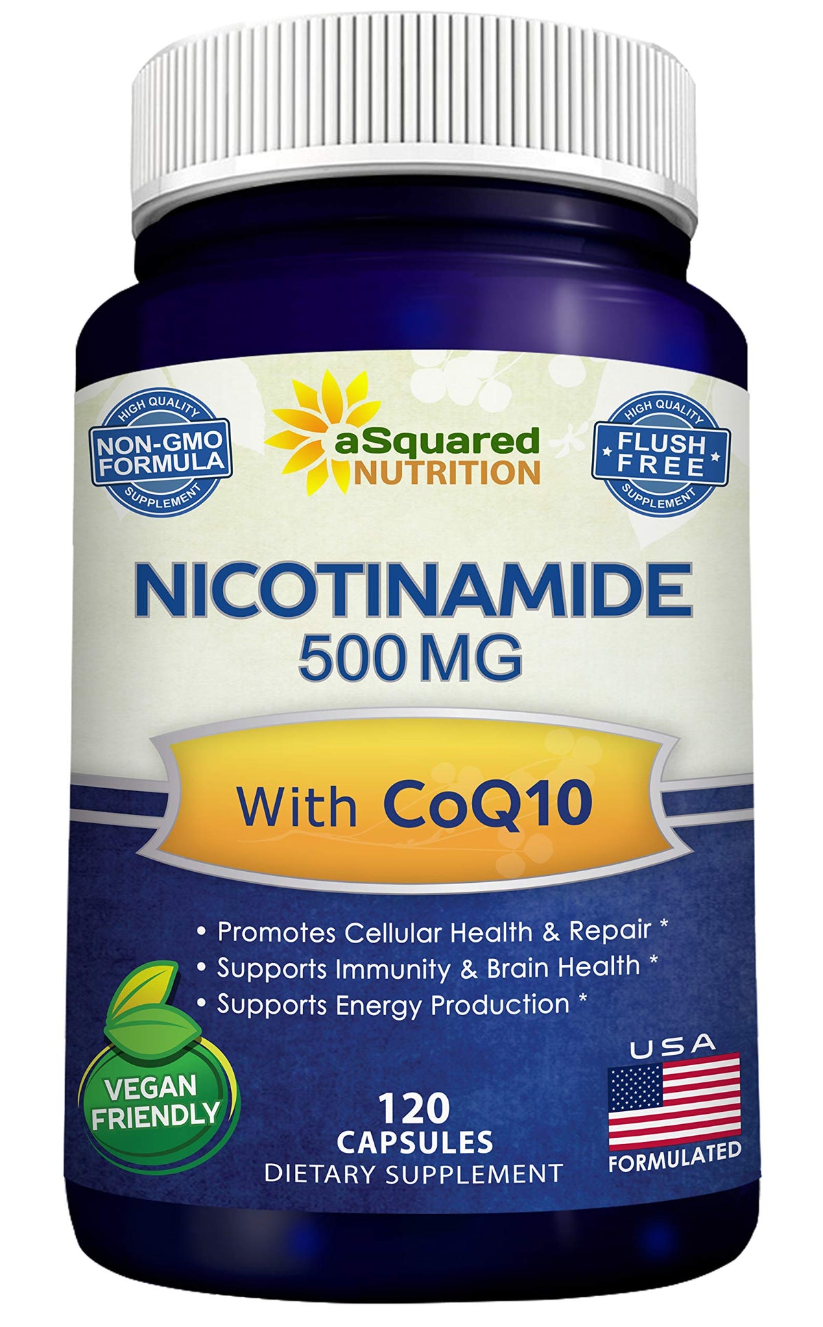 aSquared Nutrition Nicotinamide with CoQ10 bottle shown for daily energy support