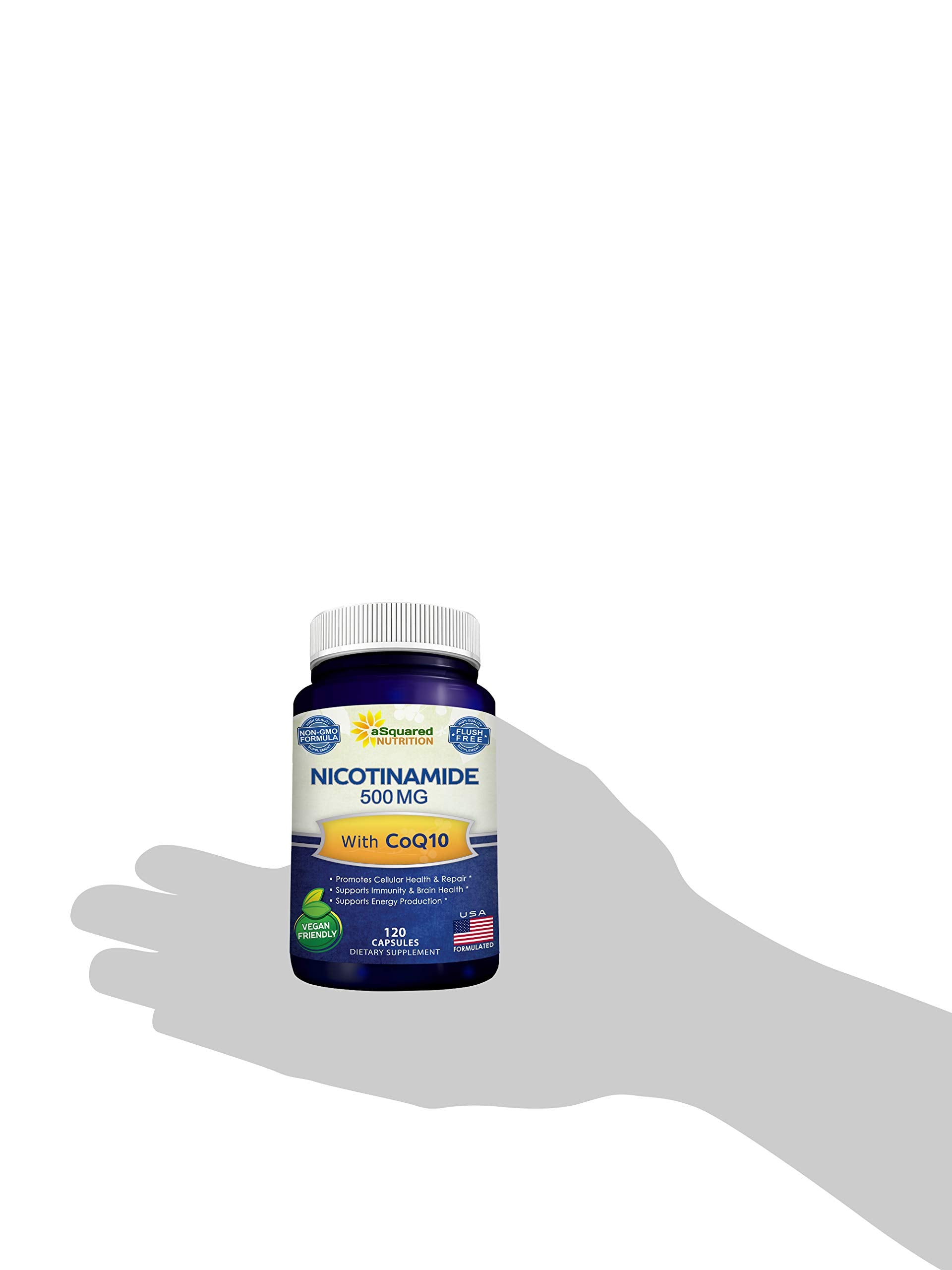 aSquared Nutrition Nicotinamide with CoQ10 energy support visual implies NAD-related benefits