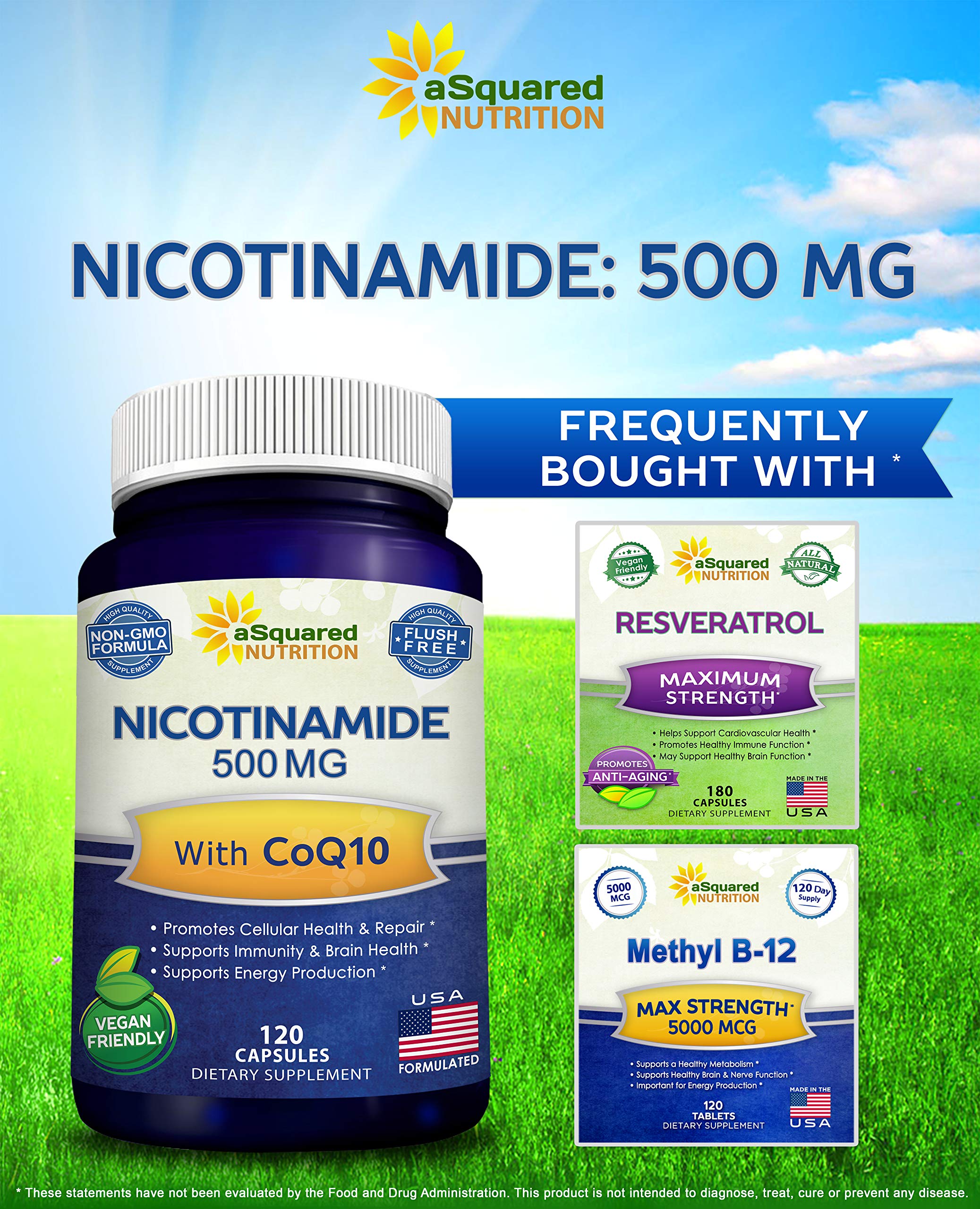 aSquared Nutrition Nicotinamide with CoQ10 ingredients list highlights CoQ10 content