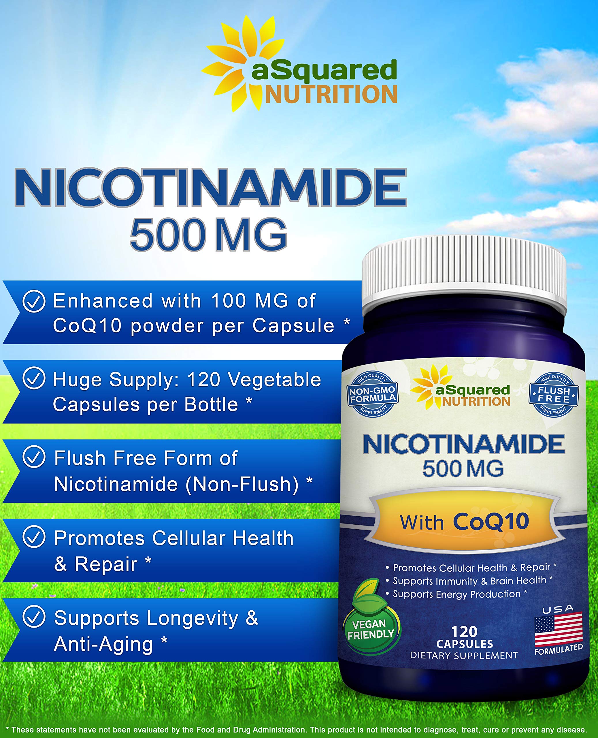 aSquared Nutrition Nicotinamide with CoQ10 label close-up emphasizes ingredients and vegan capsule