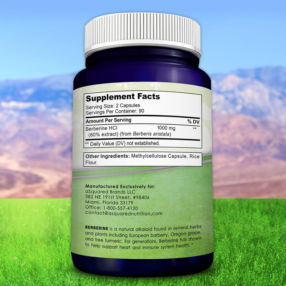aSquared Nutrition pure berberine bottle with tablet held for scale.