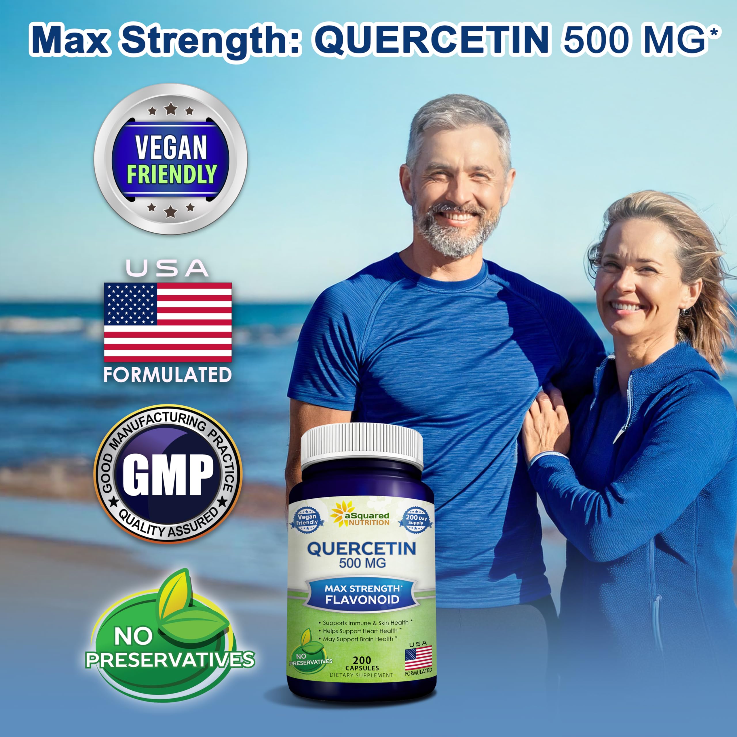 aSquared Nutrition Quercetin bottle label shows gluten-free and dairy-free vegan supplementation