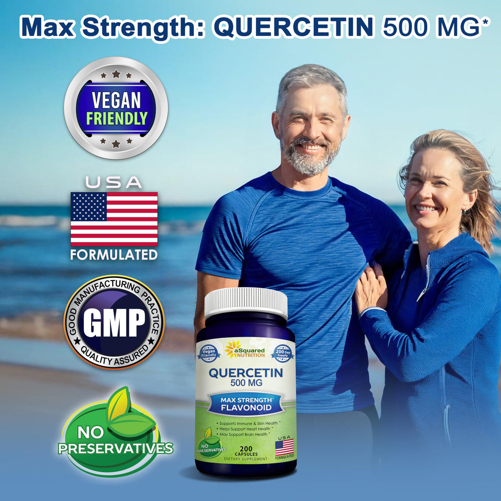 aSquared Nutrition Quercetin bottle label shows gluten-free and dairy-free vegan supplementation