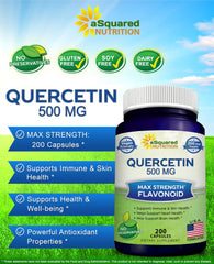 Close-up of aSquared Nutrition Quercetin 500mg capsules highlighting potency and vegan formula