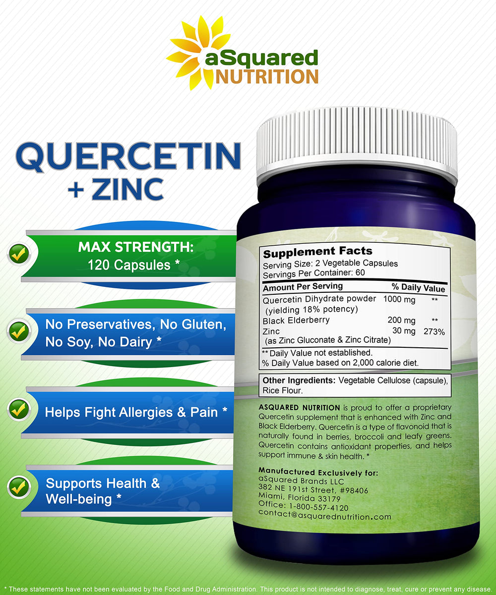 Quercetin dihydrate formula label showing 1000mg per serving