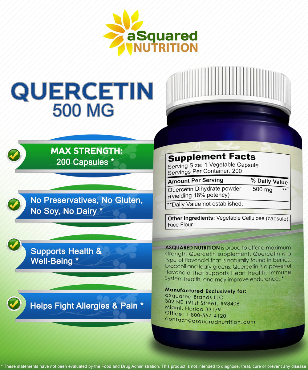 aSquared Nutrition Quercetin veggie capsules beside the bottle highlight plant-based formula