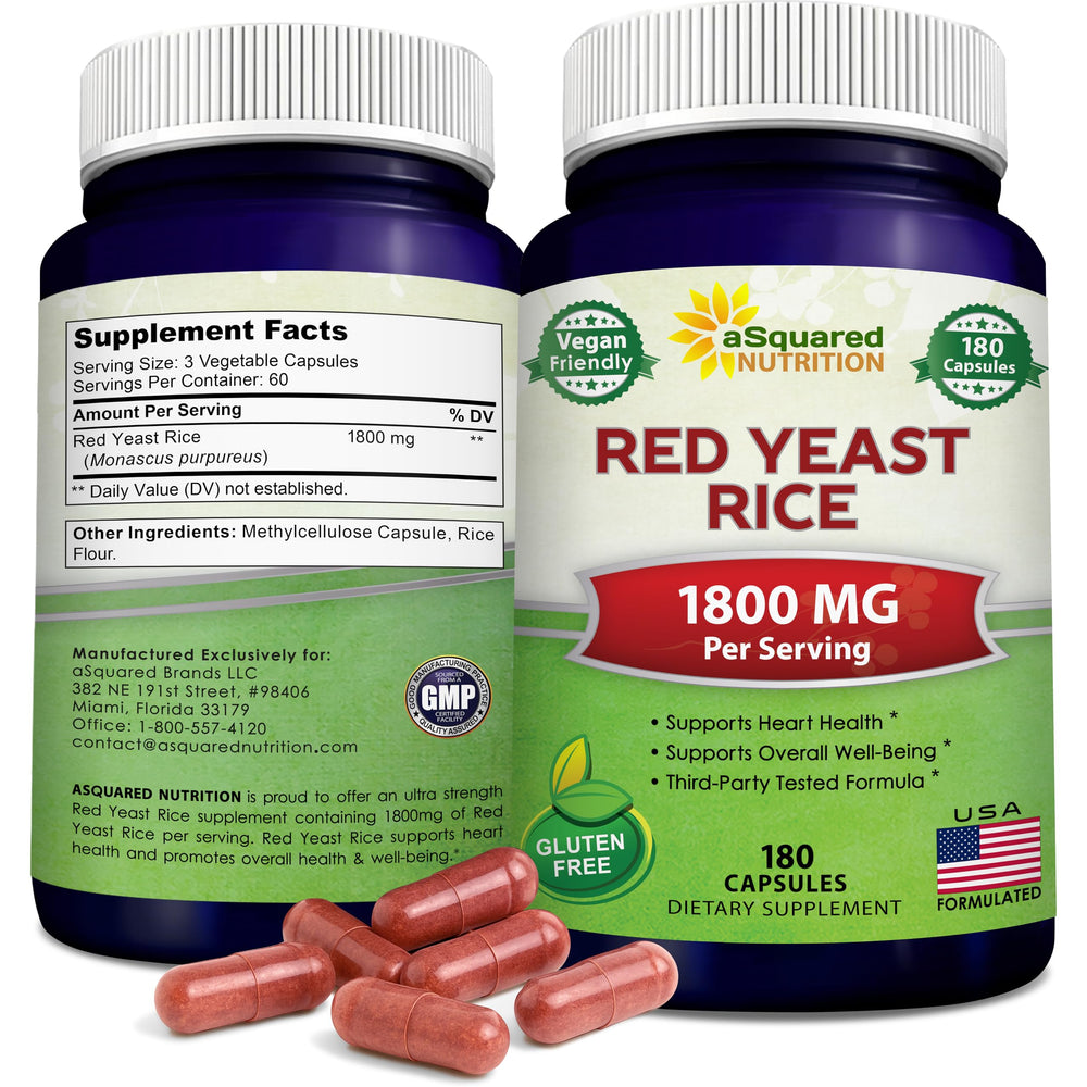aSquared Nutrition Red Yeast Rice bottle highlighting 1800 mg formula for cardiovascular support
