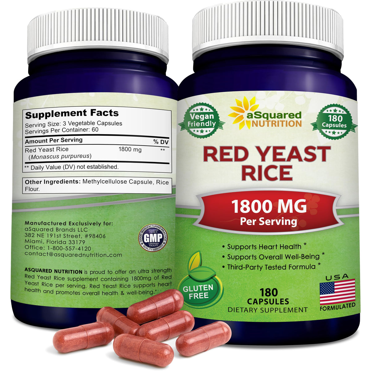 aSquared Nutrition Red Yeast Rice bottle highlighting 1800 mg formula for cardiovascular support