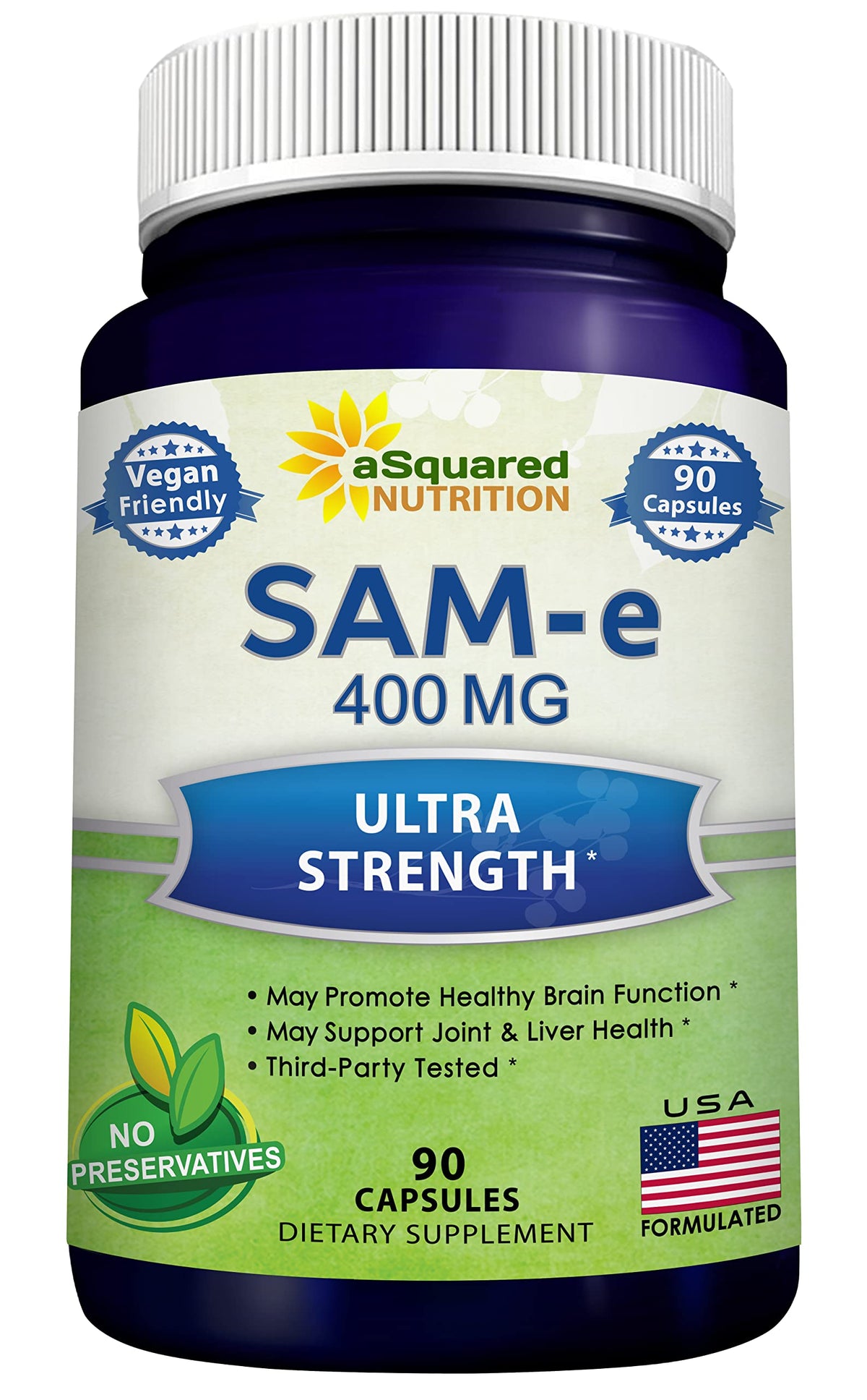 aSquared Nutrition SAM-e 400mg bottle front view for mood and brain support