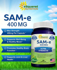 aSquared Nutrition SAM-e 400mg capsules close-up highlighting vegan formula