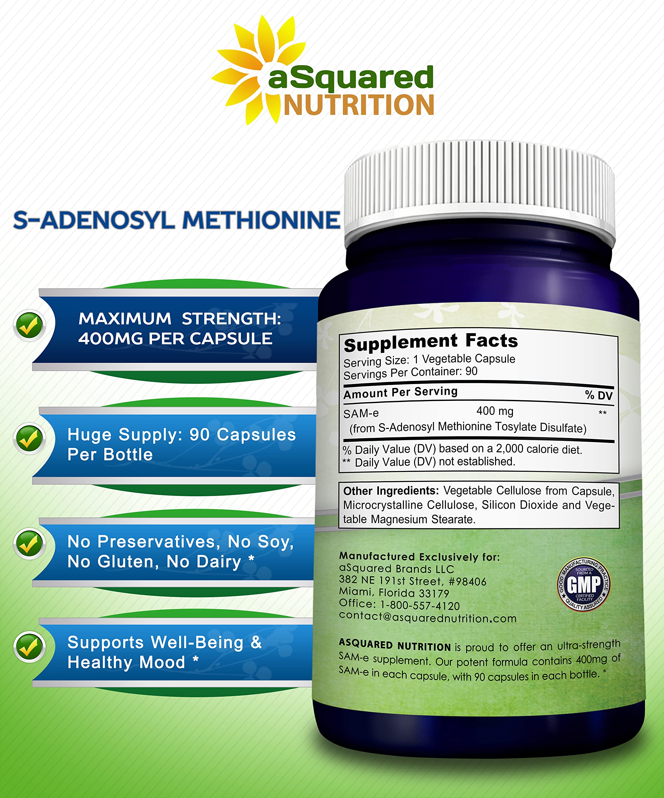 aSquared Nutrition SAM-e 400mg vegan bottle highlighted