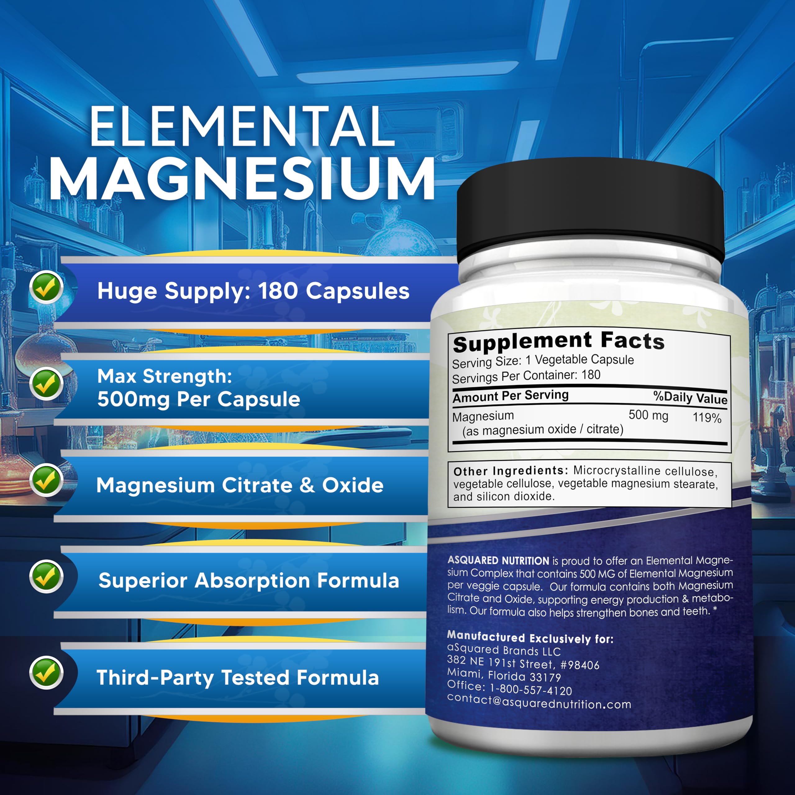 aSquared Nutrition magnesium bottle with third-party testing badge for purity.