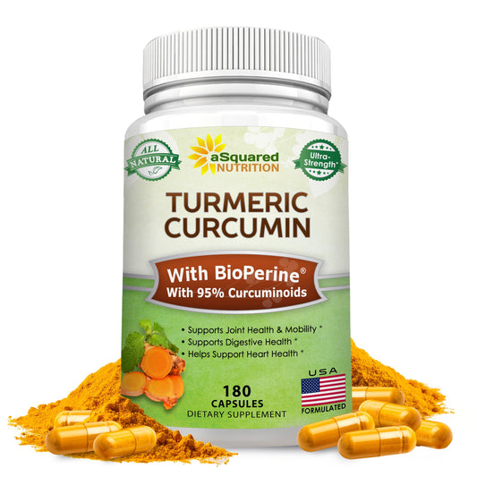aSquared Nutrition Turmeric Curcumin bottle front promotes joint support