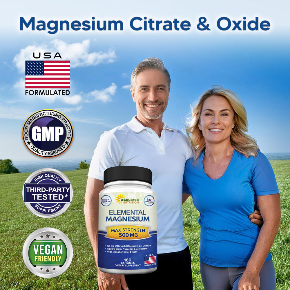 aSquared Nutrition magnesium bottle featuring USA formulated seal for quality.