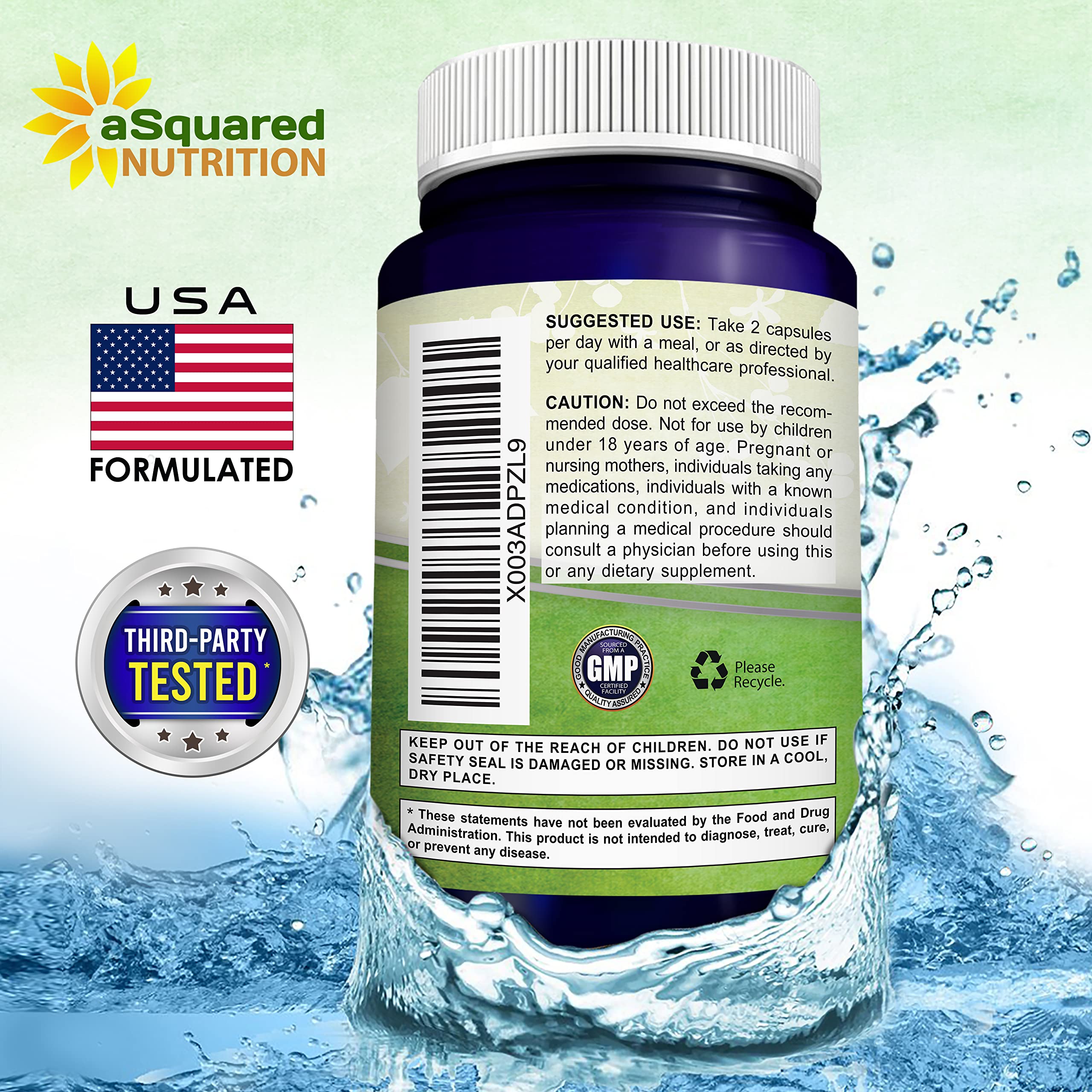 aSquared Nutrition USA GMP facility seal on packaging.