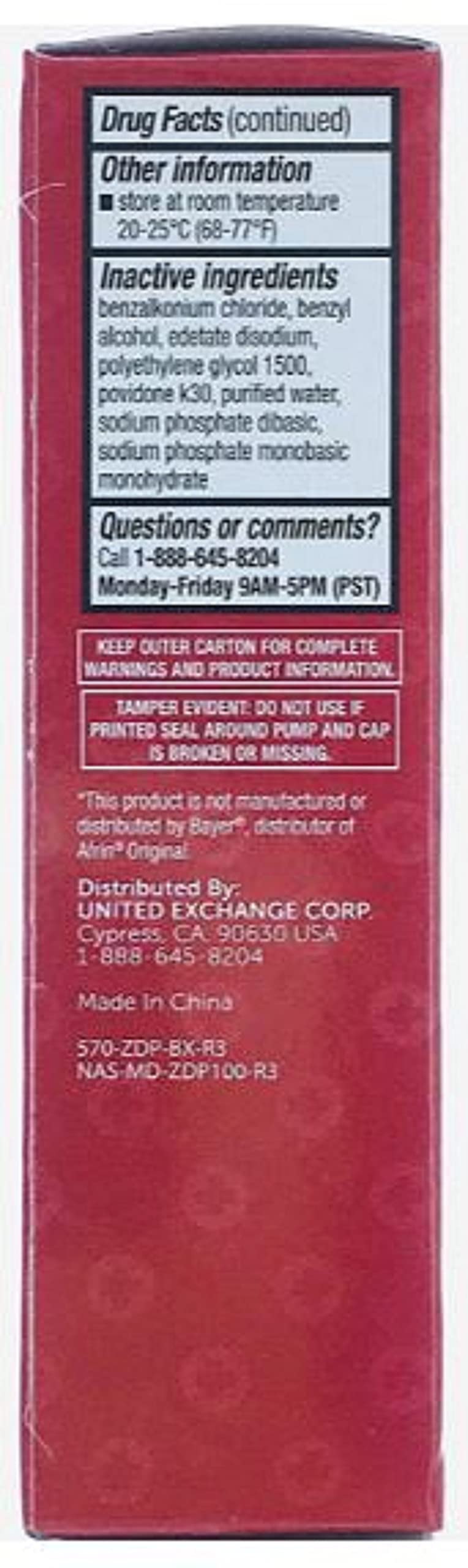 ASSURED Nasal Relief Spray label close-up shows key usage details.